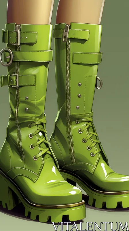 Trendy Green Leather Knee-High Boots AI Image