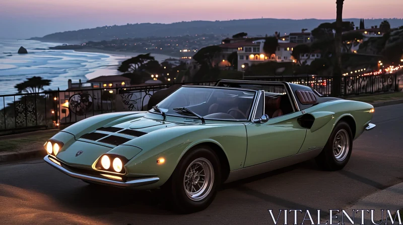 Vintage Green Iso Grifo Classic Car at Sunset on Cliffside Road AI Image