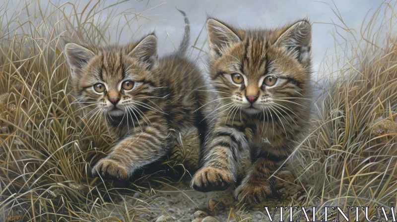Wildcat Kittens Running Through Grass Field Painting AI Image