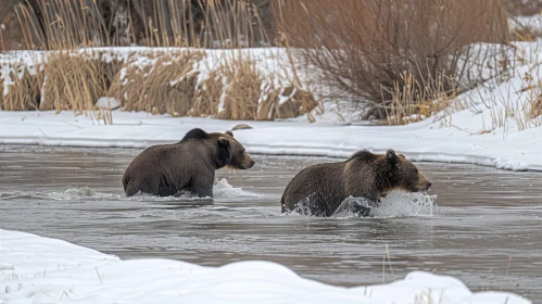 Winter Encounter: Two Grizzly Bears in a River