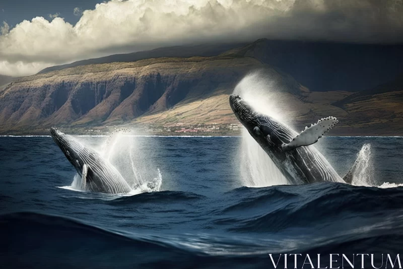 Captivating Humpback Whales Leaping in Mountainous Surroundings AI Image