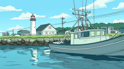 Charming Cartoon Drawing of a Fishing Boat in a Harbor