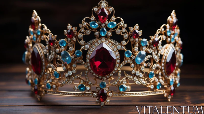 Exquisite Golden Crown with Red and Blue Gems AI Image
