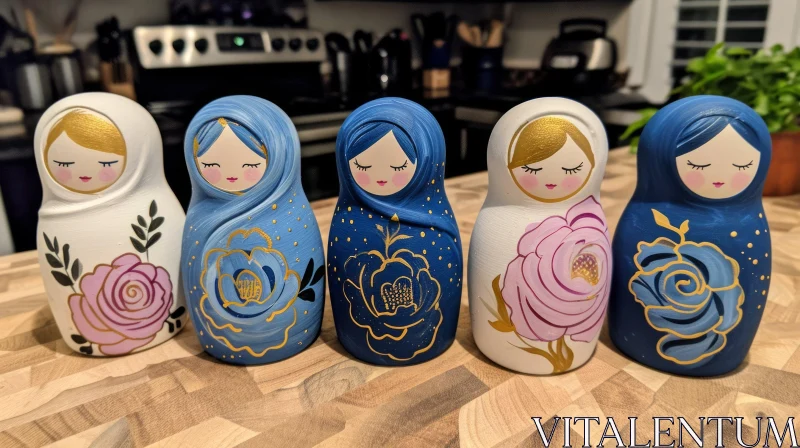 AI ART Exquisite Russian Nesting Dolls with Blue Floral Pattern