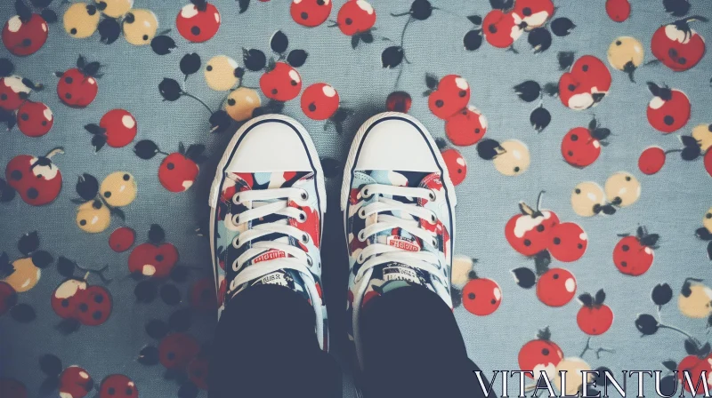 Feet in Blue and White Sneakers on Vintage Blue Carpet AI Image