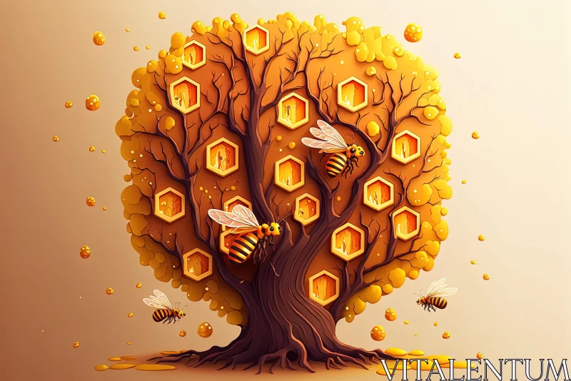 Golden Tree with Bees and Honey: A Captivating Money-Themed Artwork AI Image