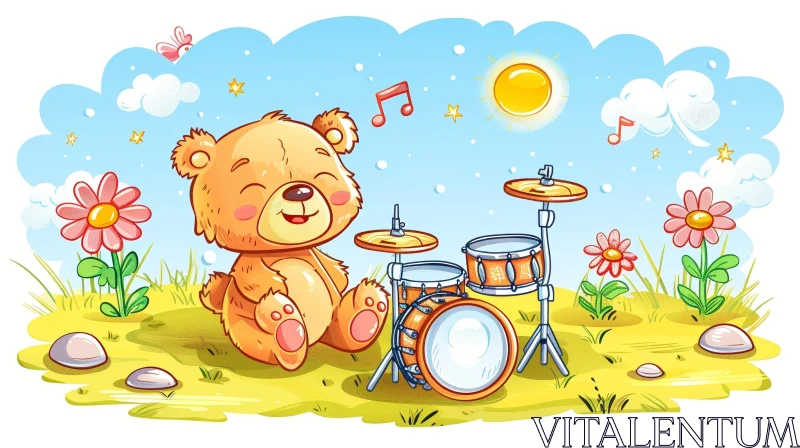 Joyful Cartoon Bear Playing Drums in Nature AI Image