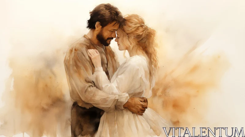 Romantic Watercolor Painting of Couple Embracing AI Image