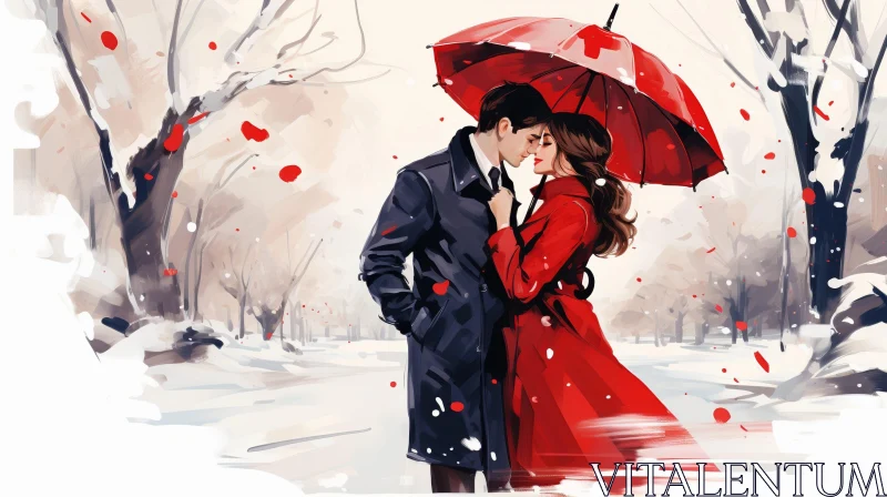 Romantic Winter Forest Couple Painting AI Image