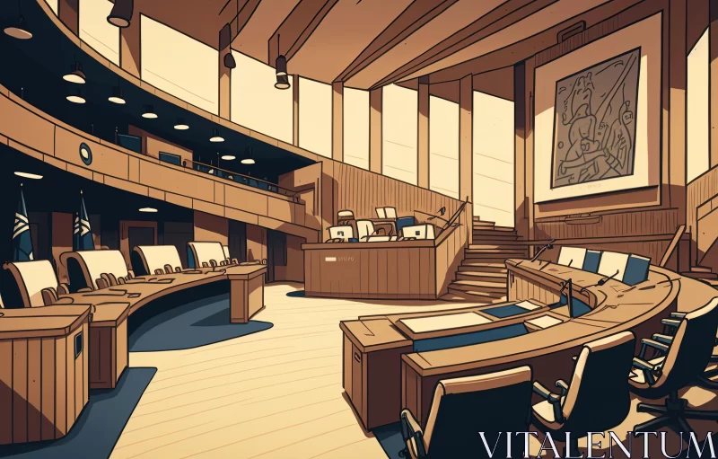 Serene Maritime Courtroom with Rough-Edged Animation Style AI Image