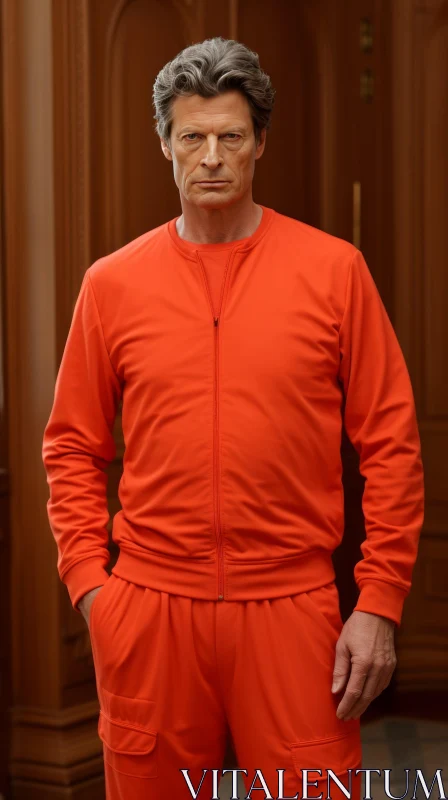 Serious Man in Orange Tracksuit Standing in Room AI Image