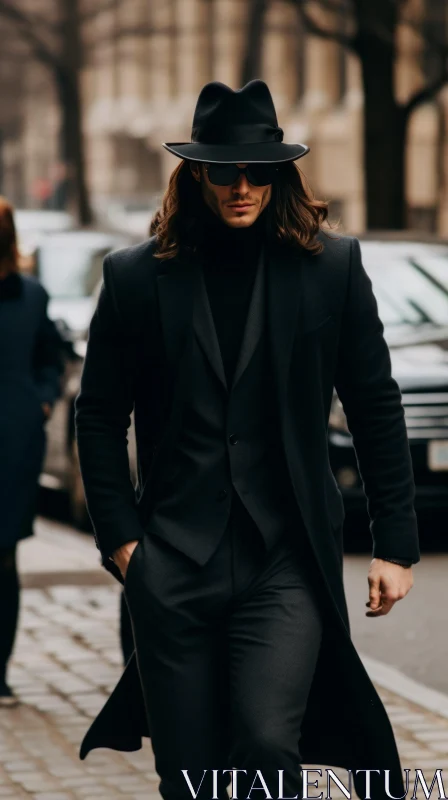 Serious Man Walking in Black Suit AI Image