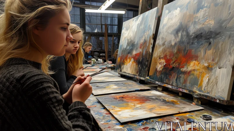 Three Women Painting in an Art Studio AI Image