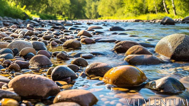 Tranquil River Flowing Over Moss-Covered Rocks AI Image