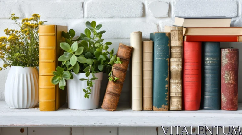 Whitewashed Wooden Shelf with Books and Plants | Peaceful Interior Scene AI Image