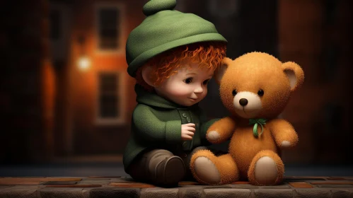 Young Boy and Teddy Bear 3D Rendering