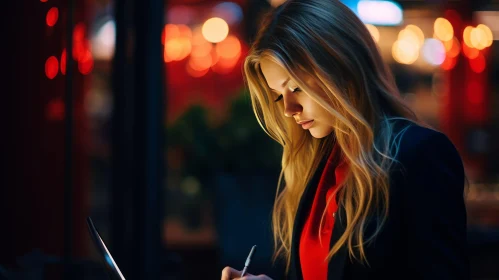Young Woman Writing in Cafe - Red Blouse and Black Jacket