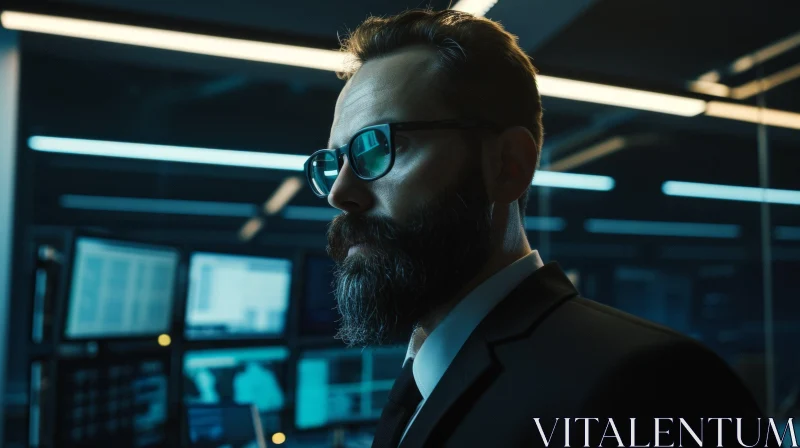Bearded Man in Eyeglasses and Suit in Dark Office with Computer Screens AI Image