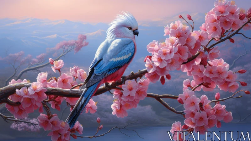 AI ART Blue and White Parrot on Cherry Blossom Tree Painting