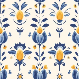 Blue and Yellow Floral Seamless Pattern on White Background