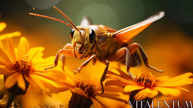 AI ART Brown and Yellow Grasshopper on Flower - Macro Photo