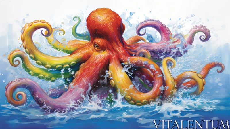 Colorful Octopus Painting in Blue Sea AI Image