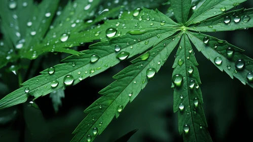 Dark Green Cannabis Leaf with Water Droplets Close-up