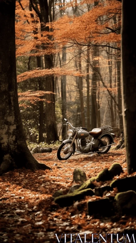 Elegant Motorcycle in Autumn Forest - Captivating Nature Photography AI Image