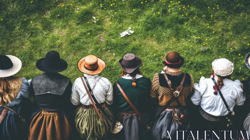 Enchanting Scene: Women in Historical Costumes on a Green Meadow AI Image