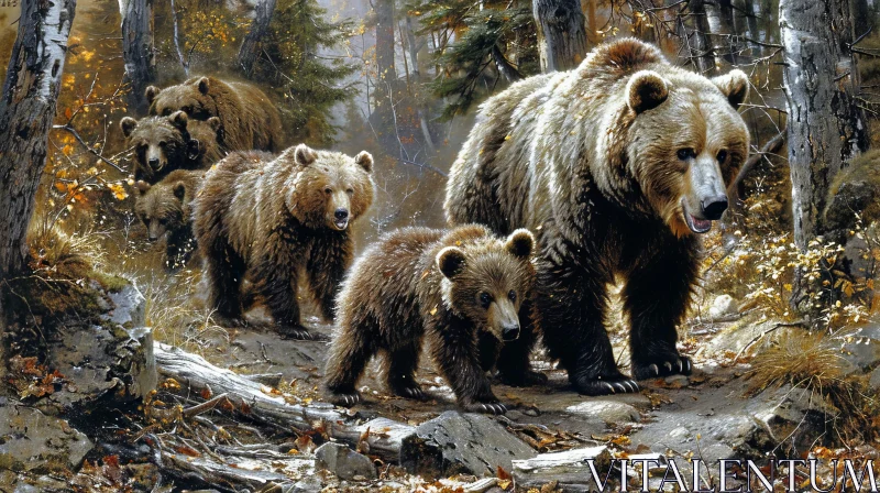 AI ART Family of Grizzly Bears in Autumn Forest