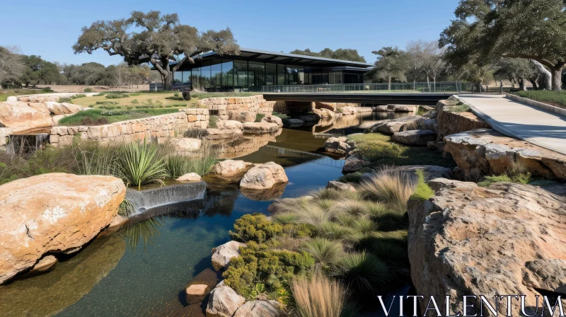 Modern Glass and Steel House with Reflecting Pool and Bridge AI Image