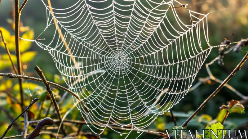 Morning Dew on Symmetrical Spider Web in Sunlight AI Image