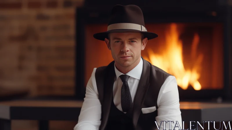Serious Man in Suit by Fireplace AI Image