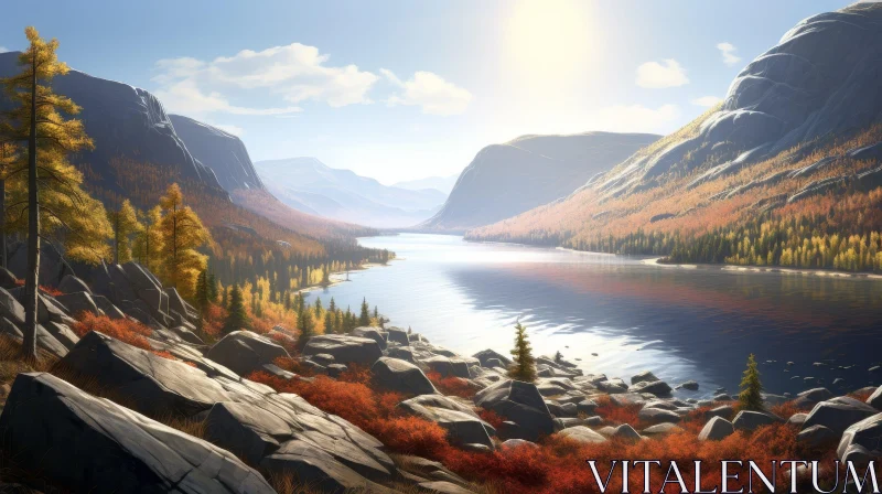 Tranquil Mountain Valley Lake Landscape AI Image