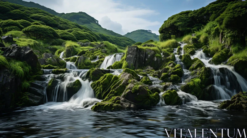 Tranquil Waterfall Landscape in a Verdant Valley AI Image