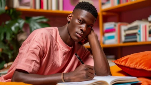 Young African-American Man Writing in a Library
