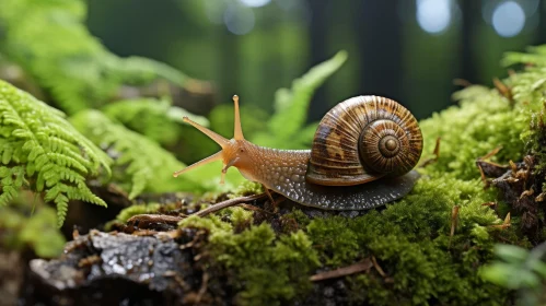 Brown-Shelled Snail on Green Moss in Forest