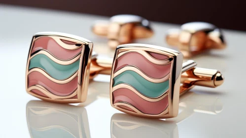 Elegant Gold Cufflinks with Pink and Green Enamel Design