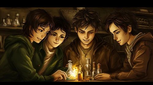 Enigmatic Digital Painting of Four Young Wizards