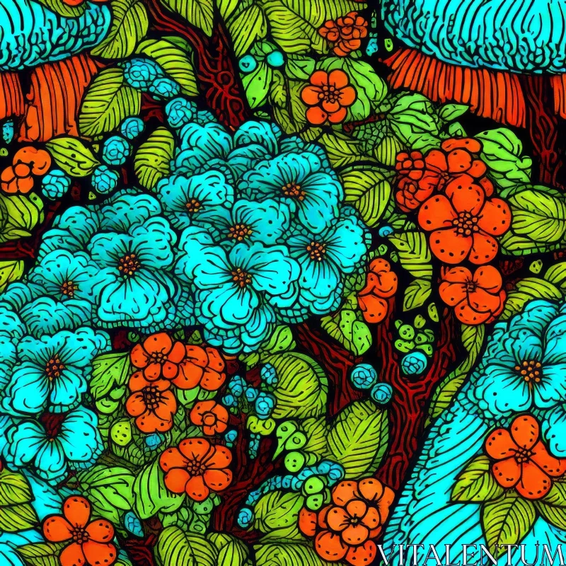 AI ART Intricate Floral Pattern with Blue and Orange Flowers