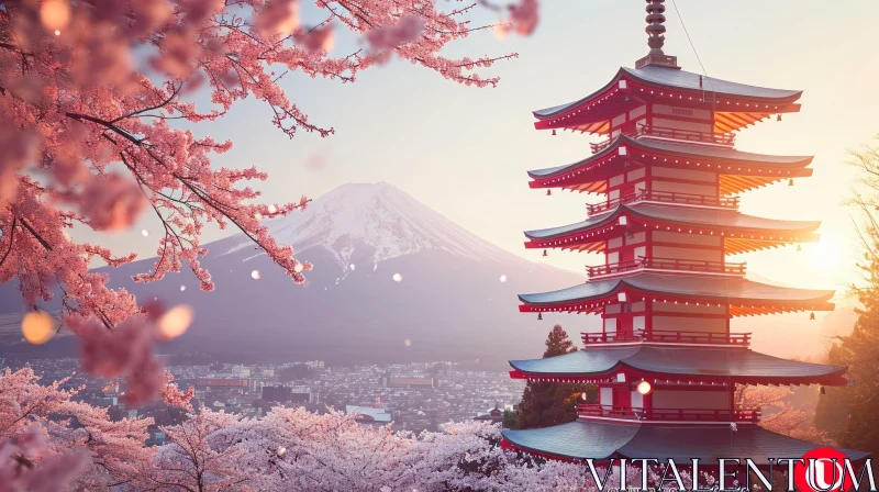 Majestic Mount Fuji Landscape in Japan - Serene Cherry Blossoms and Snowy Peaks AI Image