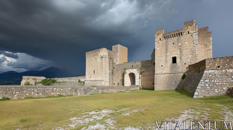 Majestic Ruins of an Ancient Castle Amidst Dark Storm Clouds AI Image