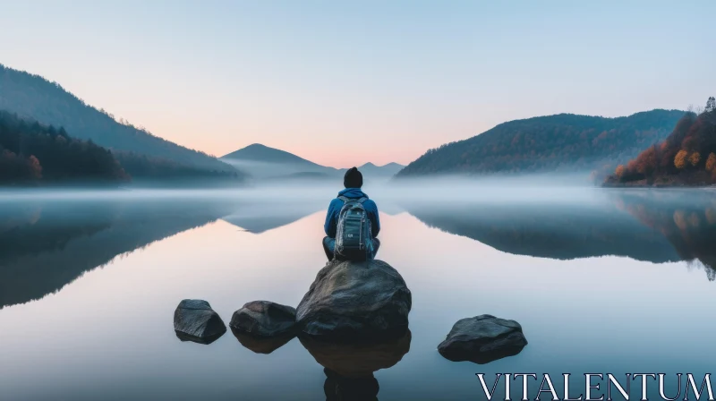 Man Sitting on Rock in Calm Lake with Mountain View AI Image