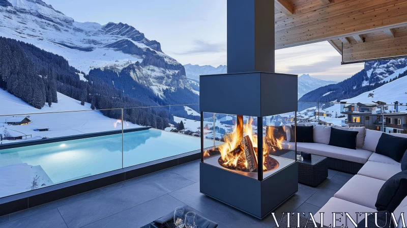 Modern Terrace with Swimming Pool and Fireplace | Stunning Mountain View AI Image