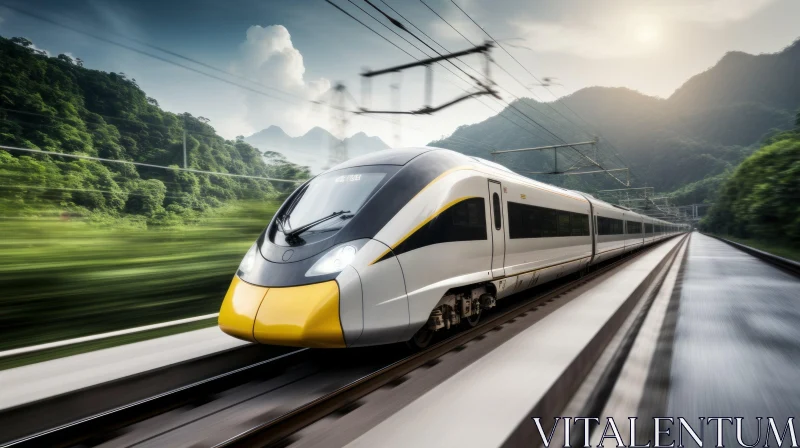 Scenic High-Speed Train Journey Through Mountainous Landscape AI Image
