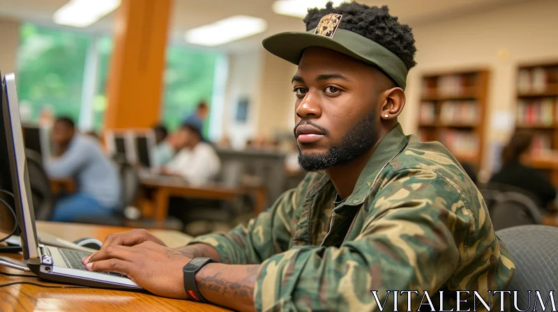 Serious African-American Man in Library with Laptop AI Image