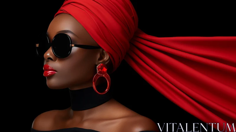 Serious African Woman in Red Turban and Sunglasses AI Image