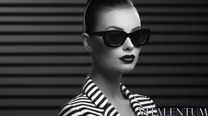 Stylish Black and White Portrait of Young Woman in Sunglasses AI Image