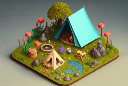 Whimsical Isometric Camping Scene Game Illustration Inspired by Nature