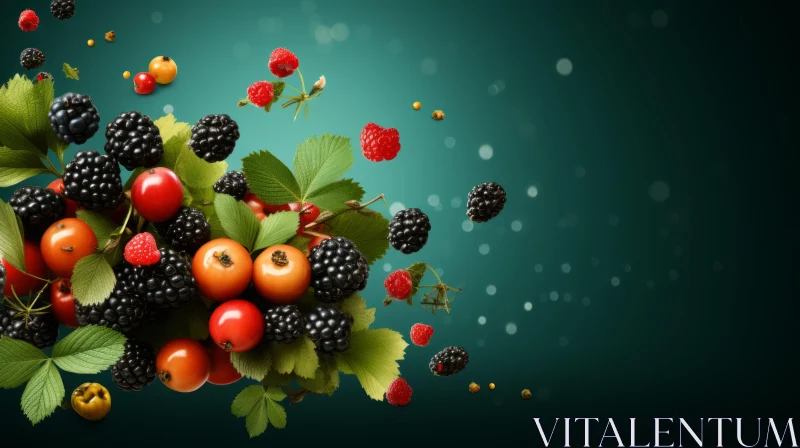 Berries and Leaves Arrangement on Dark Green Background AI Image
